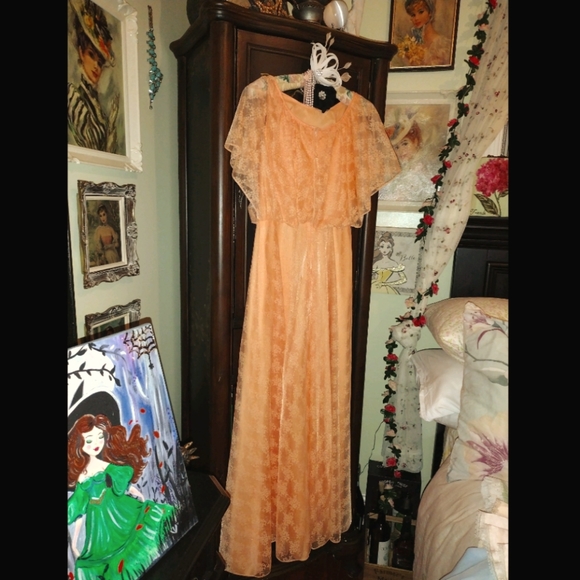 🧡 Rare Vintage 1970 ILGWU NWT Romantically orange hostess full length dress - Picture 2 of 10